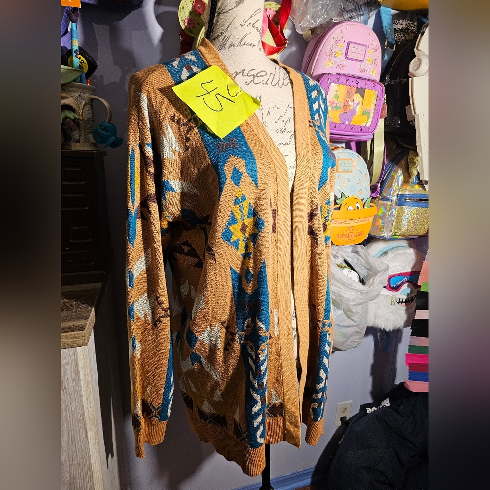 Panhandle Aztec Sweater Cardigan Size XL NWT Brass And Blue - Picture 2 of 11